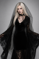 Close view of black Gothic dress with lace sleeves and veil styling