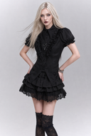 Black Gothic ruffle mini outfit with puff sleeves and lace trim