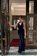 VOGSION navy blue halter evening gown with ruched waist and subtle shimmer, front view