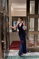 VOGSION navy blue formal dress with fitted ruched silhouette and floor-length skirt