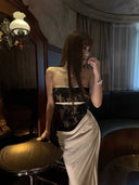 VOGSION Noctelle black floral lace bodice and ivory draped satin gown, side detail