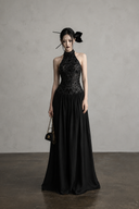 VOGSION Nocturne Bloom black sequin halter maxi dress front view