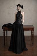 Black sequin halter maxi dress full-length front view