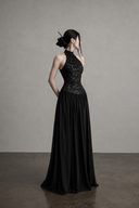 Black sequin halter maxi dress side profile
