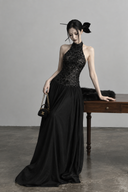 Black sequin halter maxi dress three-quarter view