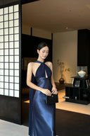 VOGSION Nocturne navy blue halter maxi dress with front keyhole