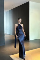 Navy blue halter wedding guest dress with front cutout