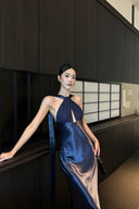 Detail of navy blue keyhole halter evening dress