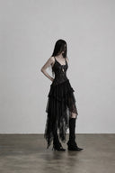 Side view of VOGSION Nyxara black gothic high-low lace maxi dress with layered ruffles