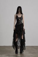 VOGSION Nyxara black gothic studded asymmetrical lace maxi dress, full front view