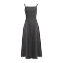 Odeline petite charcoal polka dot Midi dress front flat lay with black lace hem