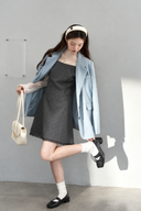 Odeline petite Mini charcoal polka dot dress and ivory top styled with a blue blazer