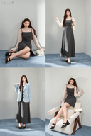 Four styling views of the Odeline petite Mini and Midi dress set