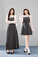Odeline petite charcoal polka dot dress and ivory top set shown in Mini and Midi lengths