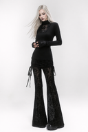 Black patterned Gothic flare pants with ruched hip panel