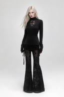 Front view of black Gothic lace flare pants