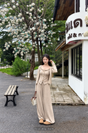 Almond petite three-piece knit matching set, full-length view of cardigan, camisole and wide-leg pants