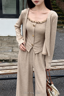 Almond cotton-blend petite knit set close-up showing beaded neckline, gold-tone buttons and matching cardigan