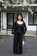 Front view of Noir Mist petite beaded three-piece knit set on a 153 cm, 40 kg model wearing XS