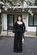 Noir Mist petite matching knit outfit showing the high waist and relaxed wide-leg silhouette