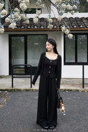 Noir Mist petite cotton-blend three-piece set with beaded camisole, open cardigan and wide-leg trousers