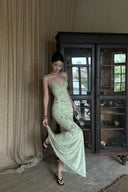 Petite-friendly mint green floral maxi dress designed for garden weddings, destination weddings, and elegant summer occasions.