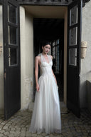 Petite white tulle corset maxi dress by Vogsion shown on real customer, high waist design for a balanced short women fit
