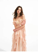 VOGSION Rosalie blush pink maxi dress floral appliqué bodice detail