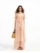 VOGSION Rosalie blush pink floral appliqué maxi dress, full front view