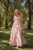 VOGSION Rosalie blush pink off-shoulder maxi dress, full front outdoor view