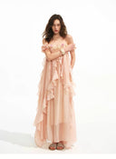 VOGSION Rosalie blush pink off-shoulder ruffle maxi dress, front view