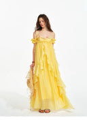 VOGSION Rosalie butter yellow empire-waist ruffle maxi dress, front view