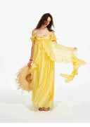 VOGSION Rosalie butter yellow layered ruffle maxi dress with flowing drape
