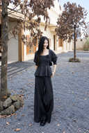 Black Rosaline petite knit cardigan, rosette peplum top and wide-leg pants