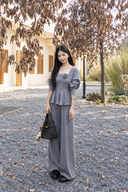Full-length grey Rosaline petite knit three-piece set with sleeves pushed up
