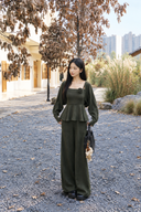 Olive green petite knit three-piece set with a rosette top and matching wide-leg pants
