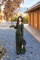 Olive green Rosaline petite three-piece knit set shown outdoors at a slight angle