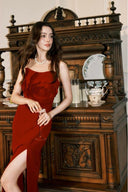 VOGSION Rosamonde burgundy formal maxi dress with a fitted column silhouette and front thigh slit