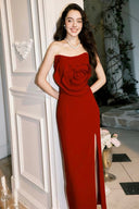 VOGSION Rosamonde burgundy maxi dress showing the sculpted strapless neckline and fixed three-dimensional rose bodice
