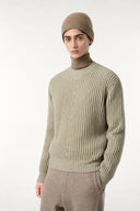 Front view of Sélise 100% wool ribbed crewneck sweater in Sage Green