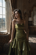 Vogsion Seraphina green formal wedding guest dress with cascading tiered maxi skirt