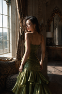 Green garden party wedding guest dress with spaghetti straps and flowing ruffle layers