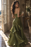 Back view of Vogsion Seraphina green wedding guest maxi dress with tiered ruffles