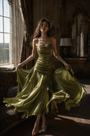 Vogsion Seraphina Petite green wedding guest dress with ruched bodice and back zipper