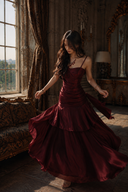 A woman wearing a floor-length, Vogsion Seraphina Green Wedding Guest Maxi Dress - red , captured mid-twirl in an ornate, sunlit room with dark wood paneling and a large window.
