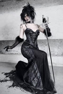 VOGSION Serpent's Oath black gothic corset maxi dress full-length front styling with sword