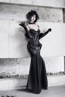 VOGSION Serpent's Oath black gothic corset maxi dress full-length standing front view