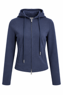 Sorelle petite navy hooded jacket on white background, showing two-way zipper, drawstrings and pockets.