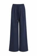 Sorelle petite navy high-waisted wide-leg pants on white background, showing drawstring waistband and front pleats.