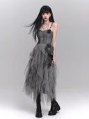 Gothic formal dress with cascading tulle tiers
